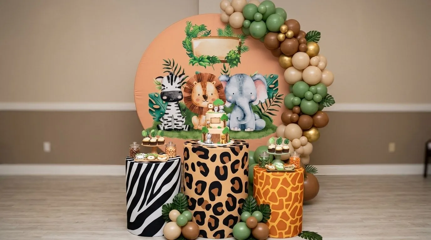 Decoração de festa com painel de safari, cilindros com estampa de bicho e arco de balões